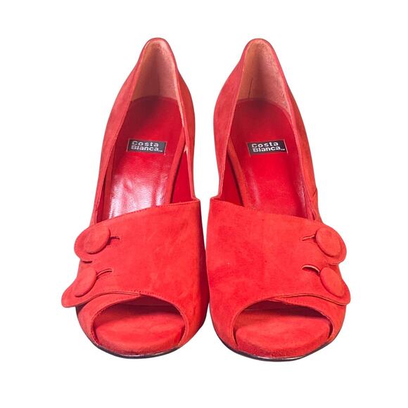 Costa Blanca Size 9.5M Red Suede Peep Toe Button Pumps Women's Heels Vintage - Picture 2 of 8